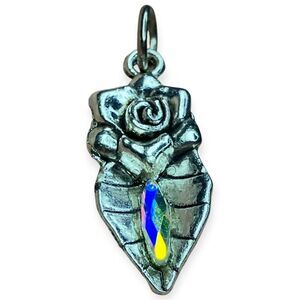 Vintage Style Rose Leaf Pendant 1.25" Silver Tone Aurora Borealis Crystal